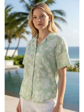 Alfred Dunner Blouse Top Womens Size 8 Green White Gingham Floral Button NEW